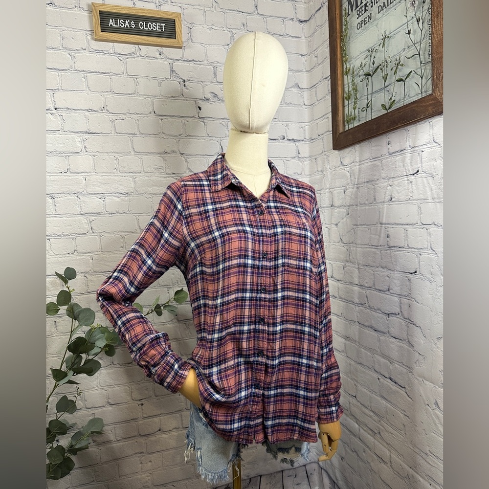 Lucky Brand Multicolor Button-Up Tunic Shirt Top Flannel Long Sleeve